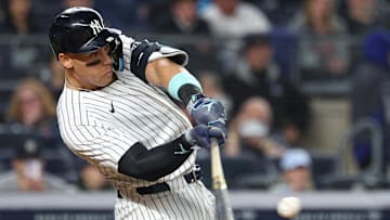 New York Yankees center fielder Aaron Judge (99) doubles during the sixth inning against the Arizona Diamondbacks at Yankee Stadium. 