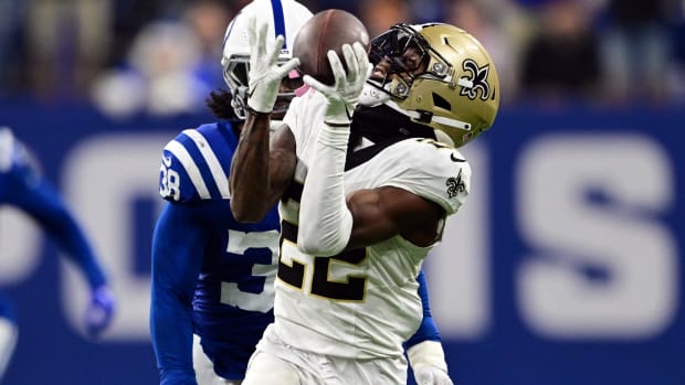 New Orleans Saints wide receiver Rashid Shaheed (22) catches a long pass against the Indianapolis Colts 