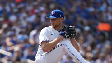 Aug 16, 2025; Toronto, Ontario, CAN; Toronto Blue Jays starting pitcher Eric Lauer (56) throws pitch against the Texas Rangers during the the first inning at Rogers Centre. Credit: Nick Turchiaro-Imagn Images
