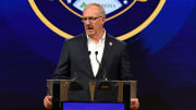 Jul 19, 2023; Nashville, TN, USA; SEC Commissioner Greg Sankey speaks at the podium during SEC Media Day at the Grand Hyatt. Mandatory Credit: Christopher Hanewinckel-USA TODAY Sports