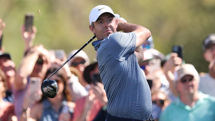 Rory McIlroy tees off during the first round of the 2025 Players Championship at TPC Sawgrass