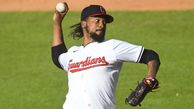 Emmanuel Clase throws a pitch 