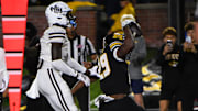 Nov 15, 2025; Columbia, Missouri, USA; Missouri running back Ahmad Hardy (29) celebrates after scoring a touchdown during the first half of a game.