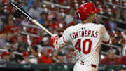 Sep 3, 2025; St. Louis, Missouri, USA;  St. Louis Cardinals first baseman Willson Contreras (40) hits a two run triple against the Athletics during the eighth inning at Busch Stadium. Mandatory Credit: Jeff Curry-Imagn Images