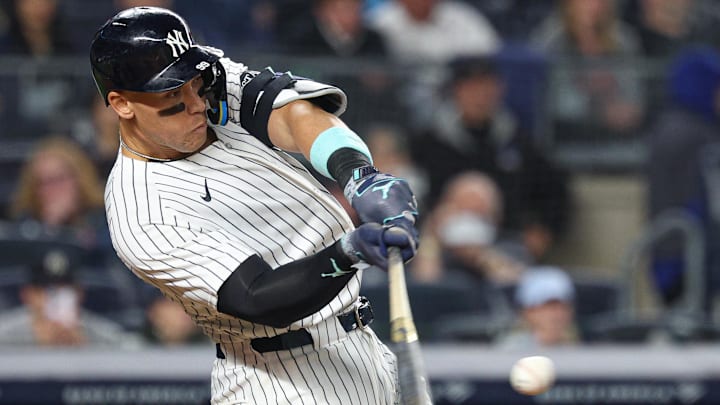 Apr 3, 2025; Bronx, New York, USA; New York Yankees center fielder Aaron Judge (99) doubles during the sixth inning against the Arizona Diamondbacks at Yankee Stadium. Apr 3, 2025; Bronx, New York, USA; New York Yankees center fielder Aaron Judge (99) doubles during the sixth inning against the Arizona Diamondbacks at Yankee Stadium.