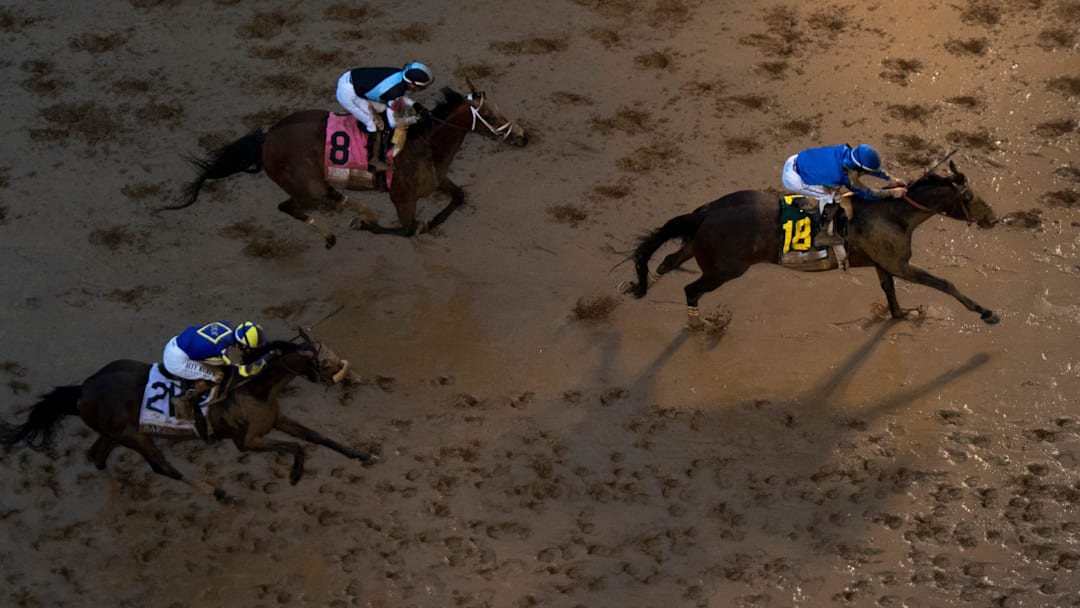 Junior Alvarado atop Sovereignty wins the Kentucky Derby followed by Umberto Rispoli atop Journalism and Flavien Prat atop Baeza during the Kentucky Derby 2025 race at Churchill Downs in Louisville, Ky., on Saturday, May 3, 2025. Mandatory Credit: Albert Cesare/USA TODAY NETWORK via Imagn Images
