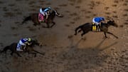 Junior Alvarado atop Sovereignty wins the Kentucky Derby followed by Umberto Rispoli atop Journalism and Flavien Prat atop Baeza during the Kentucky Derby 2025 race at Churchill Downs in Louisville, Ky., on Saturday, May 3, 2025. Mandatory Credit: Albert Cesare/USA TODAY NETWORK via Imagn Images