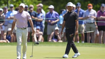 May 12, 2024; Charlotte, North Carolina, USA; Rory McIlroy reacts to his putt on the fifth green