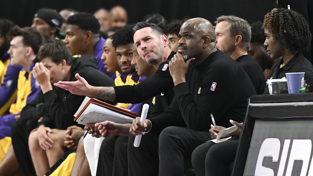 Oct 15, 2024; Las Vegas, Nevada, USA; Los Angeles Lakers head coach JJ Redick reacts to a play against the Golden State Warriors in the third quarter during a preseason game at T-Mobile Arena. Mandatory Credit: Candice Ward-Imagn Images