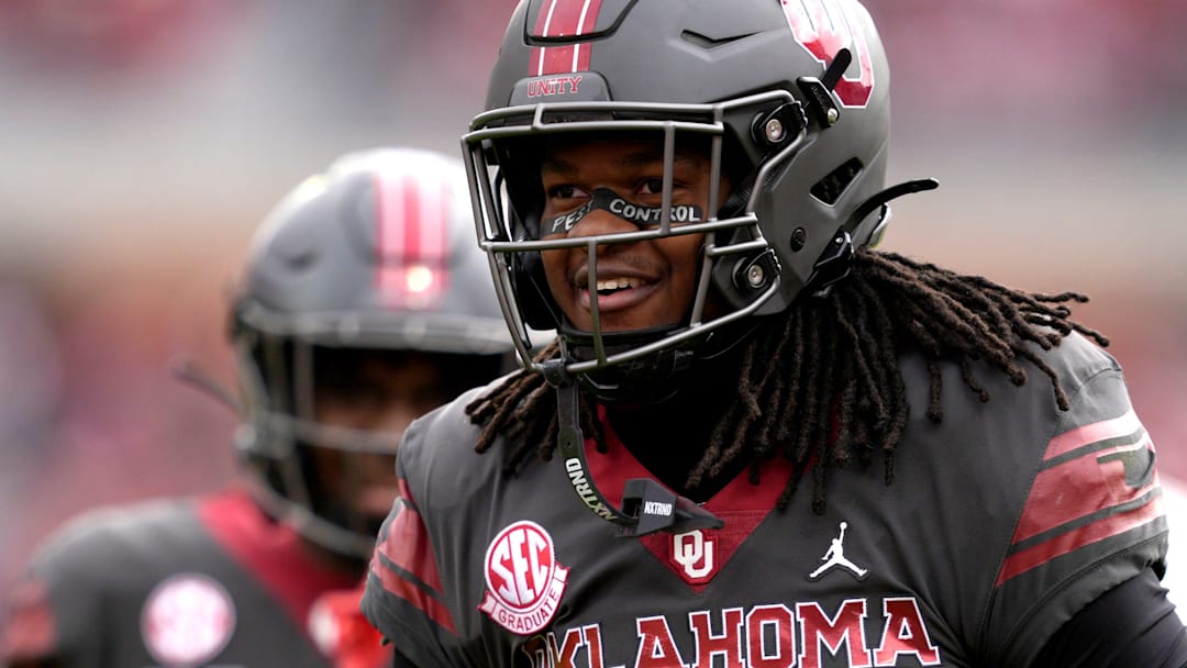 Oklahoma Sooners linebacker Kendal Daniels (5) celebrates after a play during a college football game between the University of Oklahoma Sooners (OU) and the Missouri Tigers at Gaylord Family Ð Oklahoma Memorial Stadium in Norman, Okla., on Saturday, Nov. 22, 2025. Oklahoma won 17-6.
