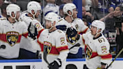 May 14, 2025; Toronto, Ontario, CAN; Florida Panthers forward Sam Bennett (9) gets congratulated after a goal against the Toronto Maple Leafs during the third period of game five of the second round of the 2025 Stanley Cup Playoffs at Scotiabank Arena. Mandatory Credit: John E. Sokolowski-Imagn Images