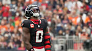 Nov 2, 2025; Houston, Texas, USA; Houston Texans linebacker Azeez Al-Shaair (0) reacts after a play during the first half against the Denver Broncos at NRG Stadium. Mandatory Credit: Sean Thomas-Imagn Images