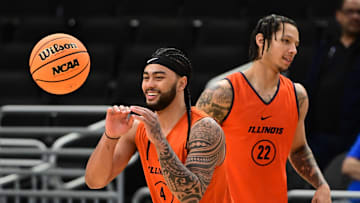 Mar 20, 2025; Milwaukee, WI, USA; Illinois Fighting Illini guard Kylan Boswell (4) and guard Tre White (22) work out during NCAA Tournament First Round Practice at Fiserv Forum. Mandatory Credit: Benny Sieu-Imagn Images