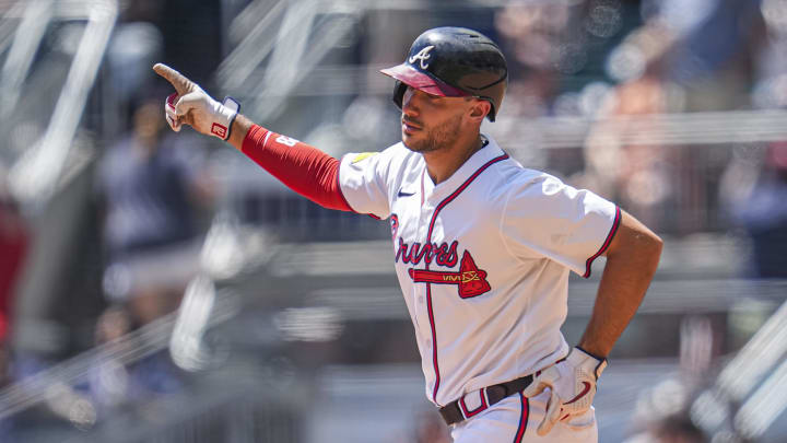 Atlanta Braves first baseman Matt Olson reacts after hitting a home run against the Washington Nationals 