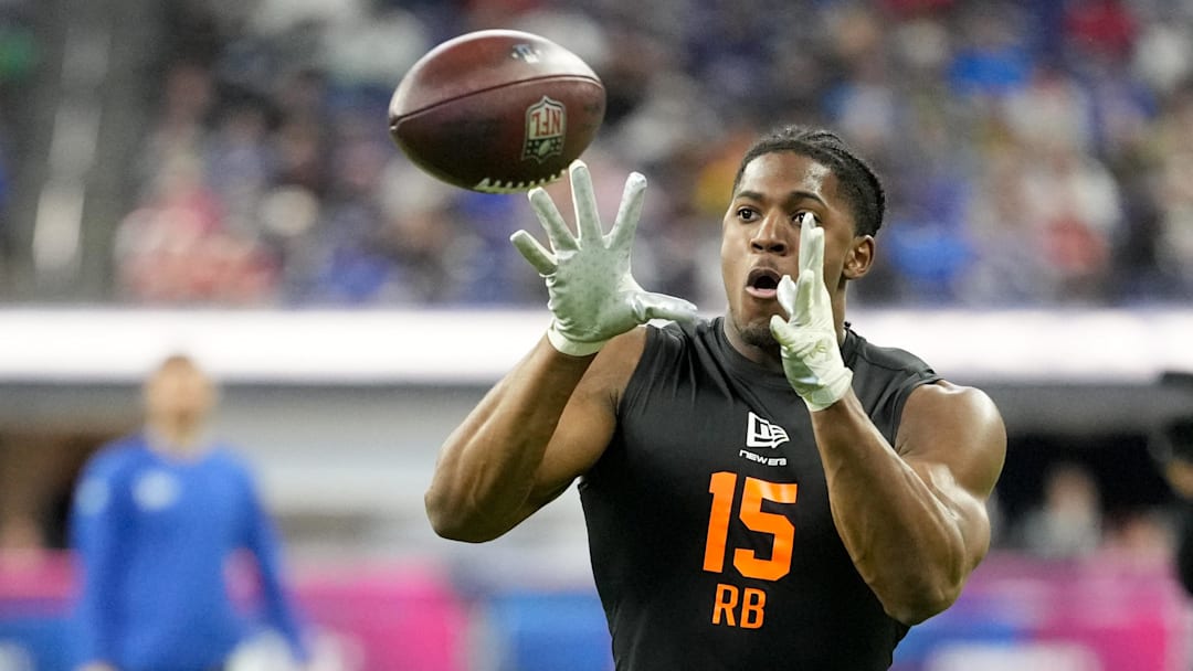 Feb 28, 2026; Indianapolis, IN, USA; Notre Dame running back Jadarian Price (RB15) during the NFL Scouting Combine at Lucas Oil Stadium.  