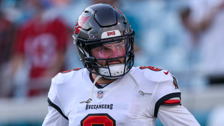 Aug 17, 2024; Jacksonville, Florida, USA; Tampa Bay Buccaneers quarterback Baker Mayfield (6) warms up before a preseason game against the Jacksonville Jaguars at EverBank Stadium. Mandatory Credit: Nathan Ray Seebeck-USA TODAY Sports