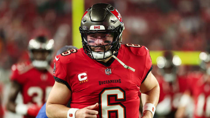 Jan 15, 2024; Tampa, Florida, USA; Tampa Bay Buccaneers quarterback Baker Mayfield (6) runs during warm ups before a 2024 NFC wild card game against the Philadelphia Eagles at Raymond James Stadium. Mandatory Credit: Kim Klement Neitzel-USA TODAY Sports