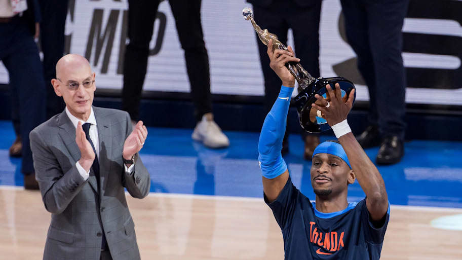 NBA commissioner is Adam Silver presents Oklahoma City Thunder guard Gilgeous-Alexander (2) with the Michael Jordan Trophy for winning the most valuable player award for the 2024-25 season. | Brett Rojo-Imagn Images