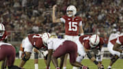 Oct 18, 2025; Stanford, California, USA;  Stanford Cardinal quarterback Ben Gulbranson (15) signals during the first quarter against the Florida State Seminoles at Stanford Stadium. Mandatory Credit: Stan Szeto-Imagn Images