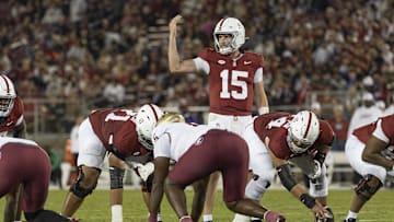 Oct 18, 2025; Stanford, California, USA;  Stanford Cardinal quarterback Ben Gulbranson (15) signals during the first quarter against the Florida State Seminoles at Stanford Stadium. Mandatory Credit: Stan Szeto-Imagn Images