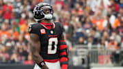 Nov 2, 2025; Houston, Texas, USA; Houston Texans linebacker Azeez Al-Shaair (0) reacts after a play during the first half against the Denver Broncos at NRG Stadium. Mandatory Credit: Sean Thomas-Imagn Images