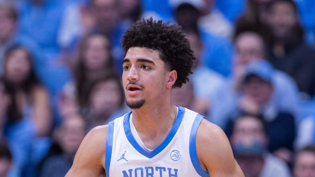 Mar 3, 2026; Chapel Hill, North Carolina, USA; North Carolina Tar Heels guard Derek Dixon (3) brings the ball up court against the Clemson Tigers during the second half at Dean E. Smith Center. Mandatory Credit: Scott Kinser-Imagn Images