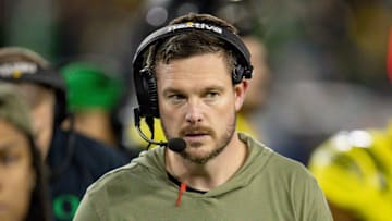 Oregon head coach Dan Lanning breaks from a huddle as the No. 6 Oregon Ducks host the USC Trojans Saturday, Nov. 11, 2023, at Autzen Stadium in Eugene, Ore.