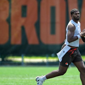 Cleveland Browns quarterback Shedeur Sanders puts in extra work after practice during NFL minicamp, Wednesday, June 11, 2025, in Berea, Ohio.