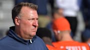 Nov 2, 2024; Champaign, Illinois, USA;  Illinois Fighting Illini head coach Bret Bielema during the second half at Memorial Stadium. Mandatory Credit: Ron Johnson-Imagn Images