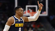 Dec 7, 2024; Washington, District of Columbia, USA; Denver Nuggets guard Russell Westbrook (4) gestures after being called for a foul against the Washington Wizards in the fourth quarter at Capital One Arena. Mandatory Credit: Geoff Burke-Imagn Images