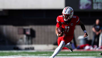 Oct 19, 2024; Tucson, Arizona, USA; Arizona Wildcats quarterback Noah Fifita (11) runs the ball against the Colorado Buffaloes during third quarter at Arizona Stadium. Mandatory Credit: Aryanna Frank-Imagn Images