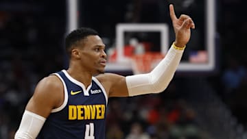 Dec 7, 2024; Washington, District of Columbia, USA; Denver Nuggets guard Russell Westbrook (4) gestures after being called for a foul against the Washington Wizards in the fourth quarter at Capital One Arena. Mandatory Credit: Geoff Burke-Imagn Images