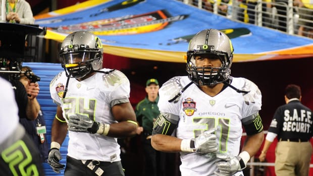 Jan 10, 2011; Glendale, AZ, USA; Oregon Ducks running back (24) Kenjon Barner and running back LaMichael James (21) during th