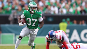 Philadelphia Eagles running back Tank Bigsby (37) runs against the New York Giants during the fourth quarter at Lincoln Financial Field.