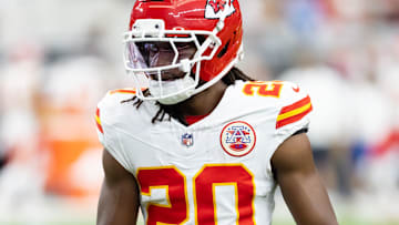 Aug 9, 2025; Glendale, Arizona, USA; Kansas City Chiefs cornerback Nohl Williams (20) against the Arizona Cardinals during a preseason NFL game at State Farm Stadium. Mandatory Credit: Mark J. Rebilas-Imagn Images