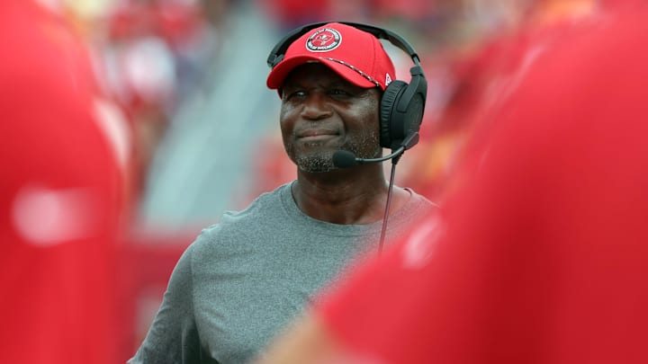 Sep 8, 2024; Tampa, Florida, USA;  Tampa Bay Buccaneers head coach Todd Bowles looks on against the Washington Commanders during the first half at Raymond James Stadium. Mandatory Credit: Kim Klement Neitzel-Imagn Images