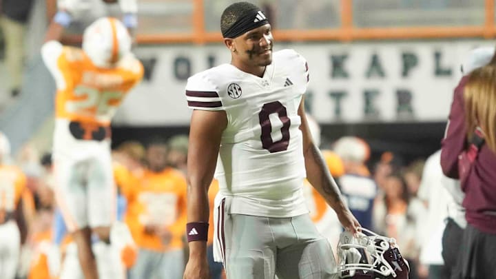 Mississippi State quarterback Michael Van Buren Jr. (0) before an NCAA college football game between Tennessee and Mississippi State at Neyland Stadium in Knoxville, Tenn., Saturday, Nov. 9, 2024.
