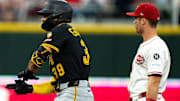 Pittsburg Pirates second baseman Nick Gonzales (39) gestures after hitting a double in the third inning between Cincinnati Reds and Pittsburg Pirates at Great American Ball Park in Cincinnati on Sept. 24, 2025.