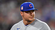 Jul 26, 2025; Chicago, Illinois, USA; Chicago Cubs pitcher Brad Keller (40) looks on during a game against the Chicago White Sox at Rate Field. Mandatory Credit: Patrick Gorski-Imagn Images
