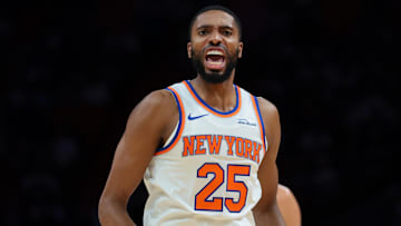 Oct 26, 2025; Miami, Florida, USA; New York Knicks guard Mikal Bridges (25) reacts against the Miami Heat during the first quarter at Kaseya Center. Mandatory Credit: Sam Navarro-Imagn Images