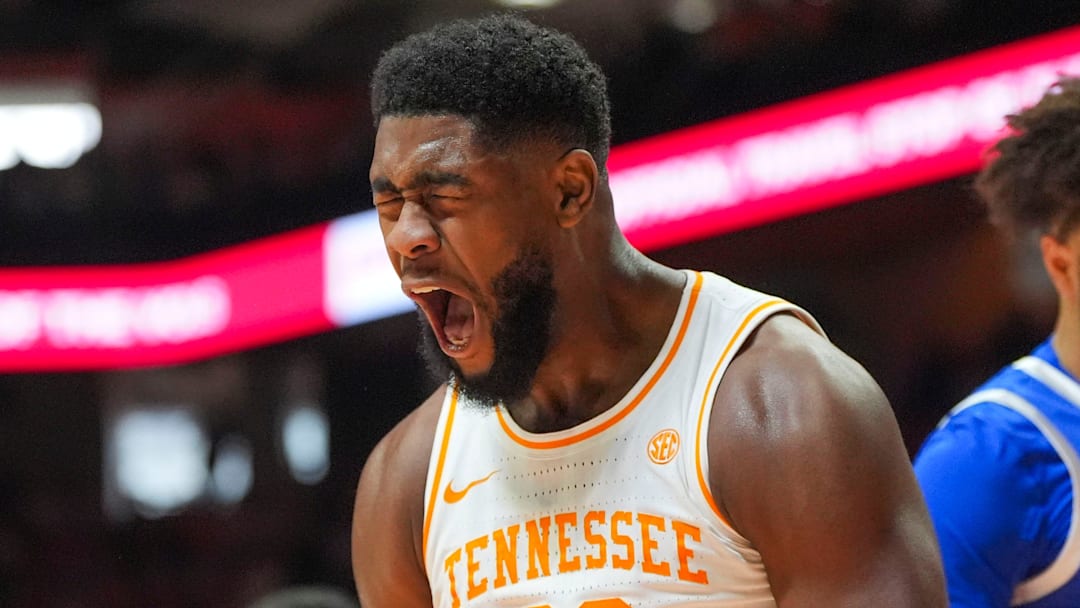 Tennessee forward Jaylen Carey (23) yells in celebration after scoring a basket during a NCAA basketball game between the Tennessee Volunteers and Kentucky Wildcats at Thompson-Boling Arena at Food City Center in Knoxville, Tenn., on Jan. 17, 2026.
