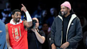 Jan 26, 2023; Brooklyn, New York, USA; Brooklyn Nets guard Kyrie Irving (11) and forward Kevin Durant (7) react after being announced as 2013 all stars during the second quarter against the Detroit Pistons at Barclays Center. Mandatory Credit: Brad Penner-Imagn Images