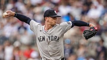 Jul 18, 2025; Cumberland, Georgia, USA; New York Yankees relief pitcher Ian Hamilton (71) pitches against the Atlanta Braves during the first inning at Truist Park. Mandatory Credit: Dale Zanine-Imagn Images