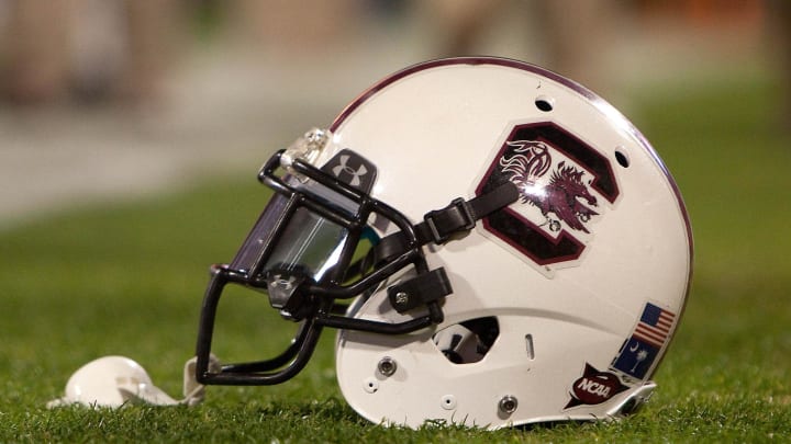 Nov 24, 2012; Clemson, SC, USA; A general view of a South Carolina Gamecocks helmet prior to the game against the Clemson Tigers at Clemson Memorial Stadium. Mandatory Credit: Joshua S. Kelly-USA TODAY Sports