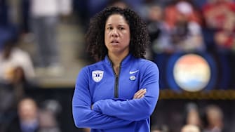 Mar 9, 2025; Greensboro, NC, USA;  Duke Blue Devils head coach Kara Lawson watches the play during the third quarter against NC State Wolfpack at First Horizon Coliseum. Mandatory Credit: Cory Knowlton-Imagn Images