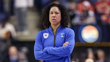 Mar 9, 2025; Greensboro, NC, USA;  Duke Blue Devils head coach Kara Lawson watches the play during the third quarter against NC State Wolfpack at First Horizon Coliseum. Mandatory Credit: Cory Knowlton-Imagn Images