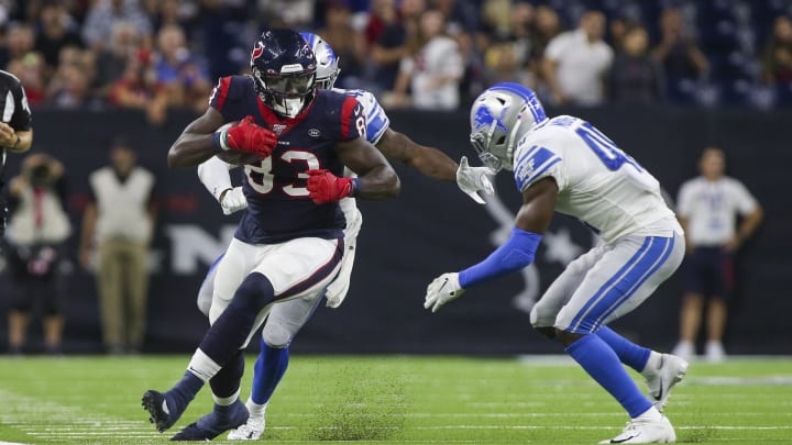 Aug 17, 2019; Houston, TX, USA; Houston Texans tight end Jordan Thomas (83) runs down the sideline before being hit by Detroit Lions middle linebacker Jarrad Davis (40) during the fourth quarter at NRG Stadium. Mandatory Credit: John Glaser-USA TODAY Sports