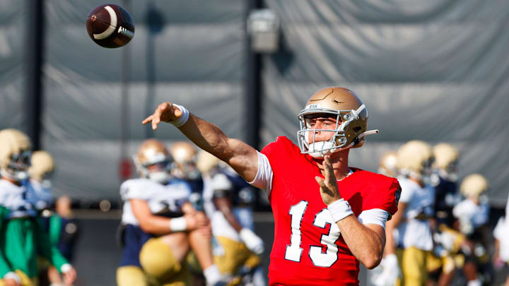 Notre Dame quarterback CJ Carr throws the ball during a football practice at Irish Athletic Center on Sunday, Aug. 10, 2025, in South Bend.