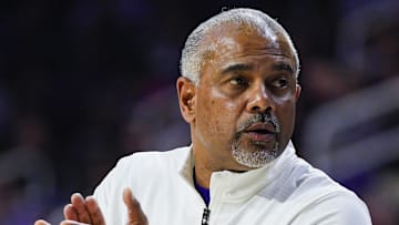 Dec 30, 2024; Manhattan, Kansas, USA; Kansas State Wildcats head coach Jerome Tang reacts during the first half against the Cincinnati Bearcats at Bramlage Coliseum. Mandatory Credit: Jay Biggerstaff-Imagn Images
