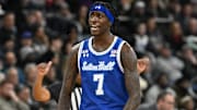Jan 11, 2025; Providence, Rhode Island, USA; Seton Hall Pirates forward Scotty Middleton (7) reacts to game action against the Providence Friars during the first half at Amica Mutual Pavilion